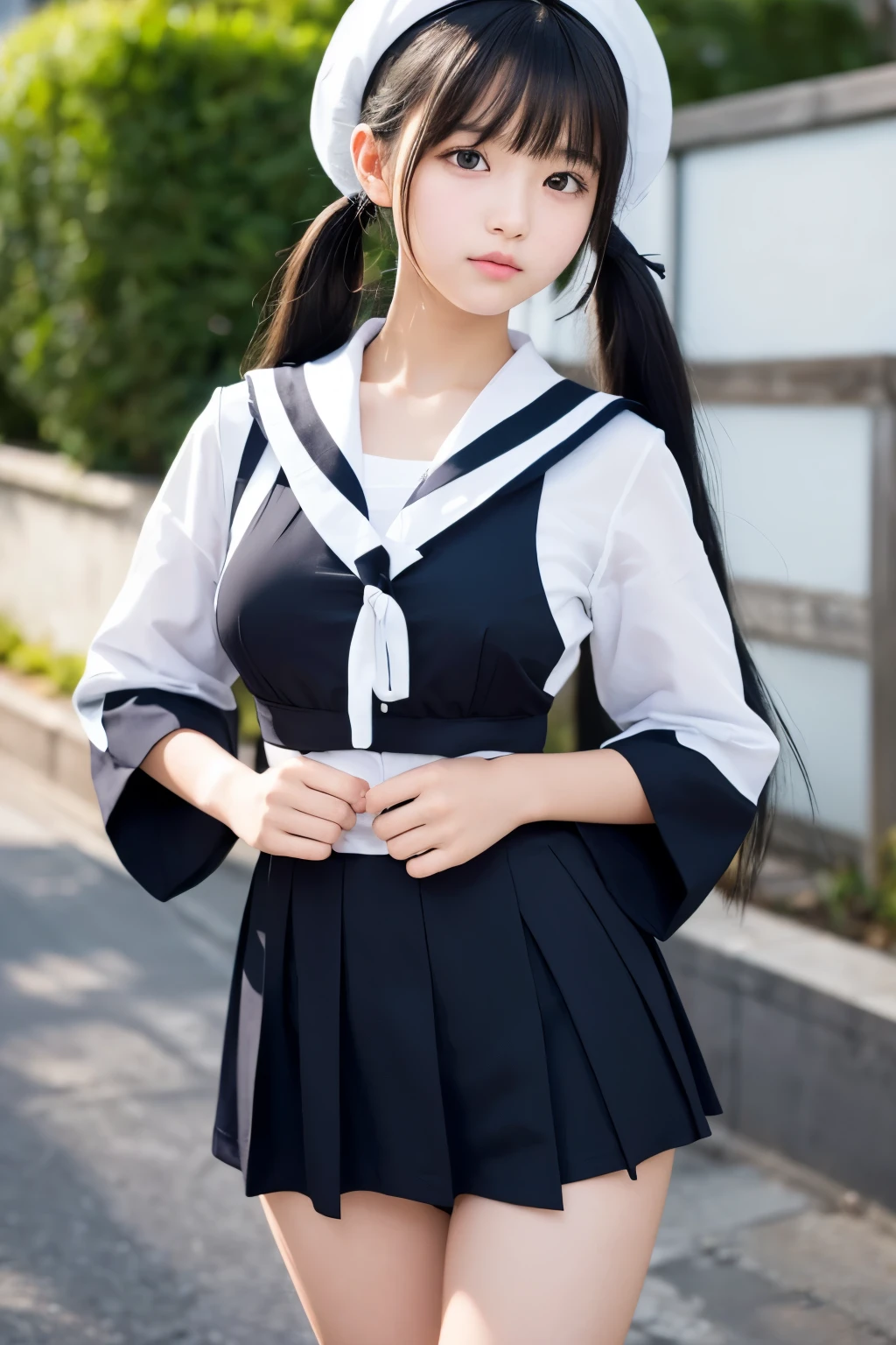 Japanese high school girl 、Baby Face、Photographic expression、Ultra HD、Black Hair、Half Twin Tail、Big double eyelids、Orthodox sailor suit、Translucent skin、Large Breasts、Narrow waist、Beautiful legs、clear々Wide々Pose in the right place
