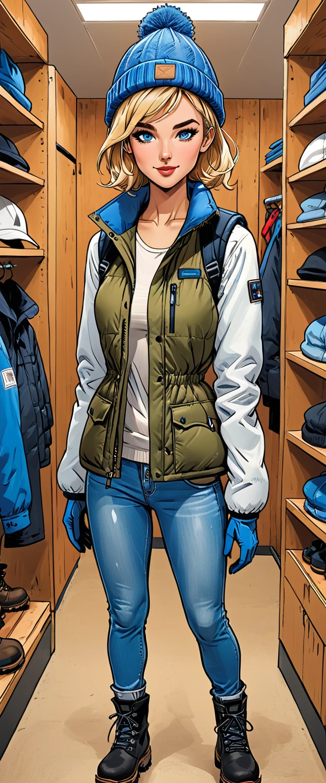 ((white changing room in the store)), smile, cloth store,fullbody, girl in Blue down jacket and levis (jeans) and blue gloves and black hiking boots and 
blue winter synthetic vest and blue winter pants and (blue winter hat) in a dynamic pose, adult, [Nordic], Hourglass elongated fitness body, perfect Olive skin, Oval Face, Long neck, Rounded shoulders, perfect hand, Attached Pointed ears, round forehead, (Short blonde Waves pixie hair), snub nose, Arched eyebrows, ((Monolid blue Eyes)), High Round Narrow cheekbones, Dimpled Cheeks, Rounded Chin, Rounded Jawline, Full nude Lips, (blue eyes), Nude Makeup Look, long eyelashes, third breast size, ong slim fitness legs, graphic style of novel comics, perfect hands, 2d, 8k, hyperrealism, masterpiece, high resolution, best quality, ultra-detailed, super realistic, Hyperrealistic art, high-quality, ultra high res, highest detailed, lot of details, Extremely high-resolution details, incredibly lifelike, colourful, soft cinematic light,