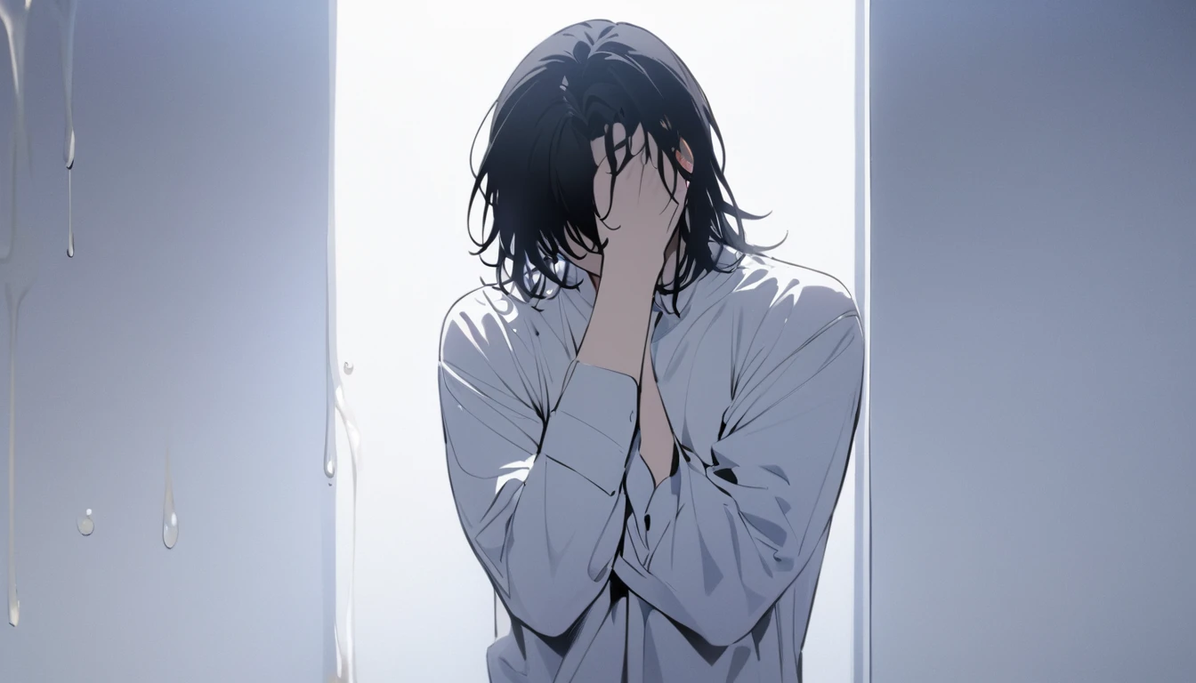 High quality, Masterpiece (a man), liquid dripping from upper body, black hair, hair covering eyes, handsome, alone, stays for a moment, full body, women's shirt, plain white room