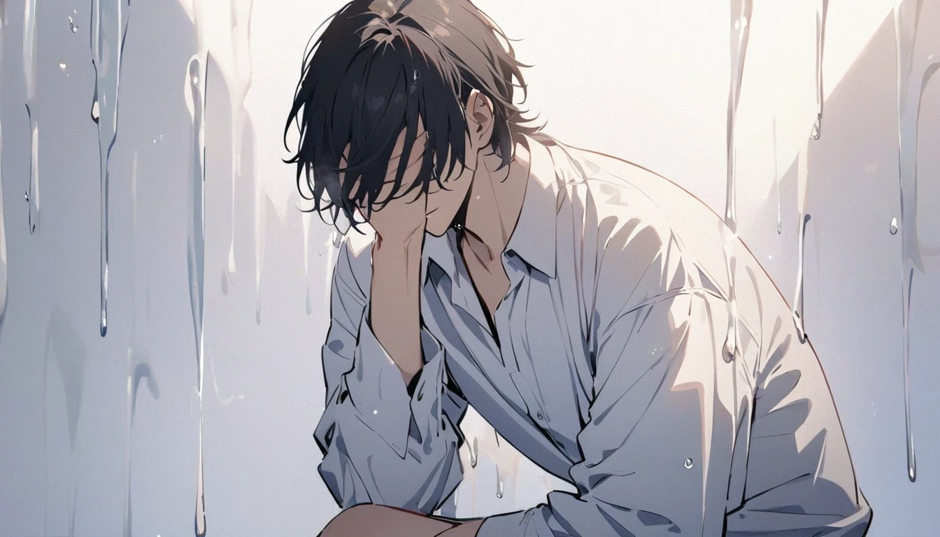 High quality, Masterpiece (a man), liquid dripping from upper body, black hair, hair covering eyes, handsome, alone, stays for a moment, full body, women's shirt, plain white room