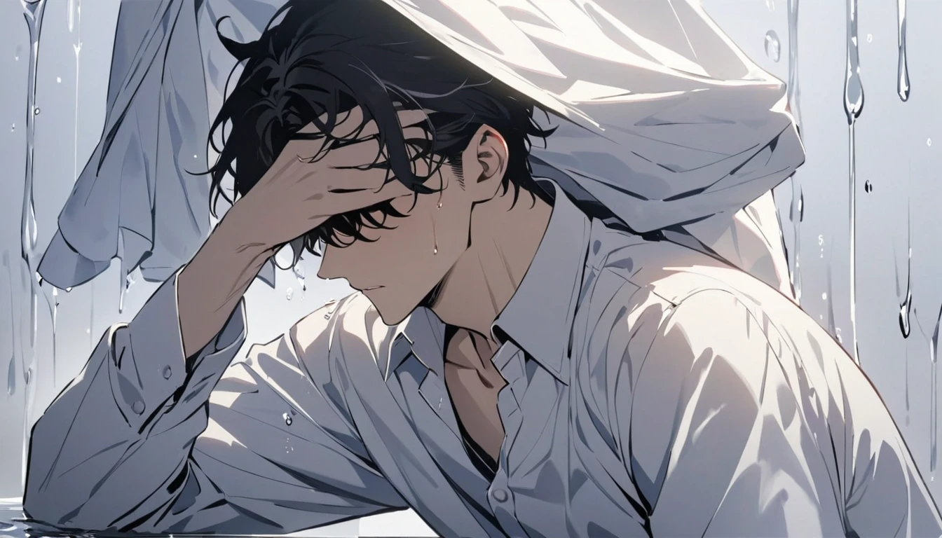 High quality, Masterpiece (a man), liquid dripping from upper body, black hair, hair covering eyes, handsome, alone, stays for a moment, full body, women's shirt, plain white room
