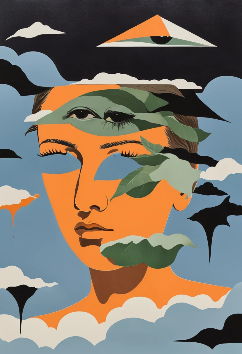 René Magritte，Weird dislocation art in the sky：Collage画，There are many different things on the face，leaf，Geometric Dislocation，Collage,Hollow，Artistic sense，Painting，paint，Simple，Black and Orange，Vector