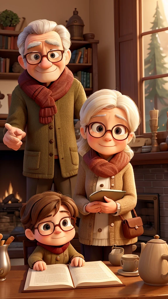 Imagine a cozy and intimate setting, perhaps a living room softly lit by a gentle fireplace on a chilly winter night. There's a diverse group of people gathered: an elderly couple with life experience etched into the lines of their faces, an enthusiastic young person with thick-rimmed glasses and a colorful scarf, a woman cradling a peacefully sleeping baby, and a middle-aged man with a scholarly air. They are all seated comfortably on sofas and armchairs around a coffee table.
On the table, there's a stack of old books with worn covers and some modern editions with vibrant illustrations. One person holds a hardcover book with pages yellowed by time, while another holds a glowing tablet displaying a digital story. The atmosphere is serene, with the occasional crackling of the fireplace and the soft sound of a kettle in the background.
Each person wears a unique expression: the elderly couple exchange knowing glances as they reminisce about tales from the past, the young enthusiast gestures animatedly while sharing details of a fantasy tale, the woman with the baby smiles tenderly as she reads a children's story with enchanting voices, and the middle-aged man ponders thoughtfully over the twists of a historical drama.
Books and tablets are passed from hand to hand with care and reverence, creating a rhythmic pace of reading and reflection. As the stories unfold, laughter occasionally echoes, and expressions of surprise and empathy alternate on the faces of the listeners.
Outside the window, snow falls gently, creating a contrast between the warmth inside and the tranquility of winter outside. This moment of story-sharing is not just about reading but about human connection through narratives that touch the hearts and minds of all present.