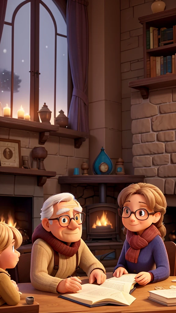 Imagine a cozy and intimate setting, perhaps a living room softly lit by a gentle fireplace on a chilly winter night. There's a diverse group of people gathered: an elderly couple with life experience etched into the lines of their faces, an enthusiastic young person with thick-rimmed glasses and a colorful scarf, a woman cradling a peacefully sleeping baby, and a middle-aged man with a scholarly air. They are all seated comfortably on sofas and armchairs around a coffee table.

On the table, there's a stack of old books with worn covers and some modern editions with vibrant illustrations. One person holds a hardcover book with pages yellowed by time, while another holds a glowing tablet displaying a digital story. The atmosphere is serene, with the occasional crackling of the fireplace and the soft sound of a kettle in the background.

Each person wears a unique expression: the elderly couple exchange knowing glances as they reminisce about tales from the past, the young enthusiast gestures animatedly while sharing details of a fantasy tale, the woman with the baby smiles tenderly as she reads a children's story with enchanting voices, and the middle-aged man ponders thoughtfully over the twists of a historical drama.

Books and tablets are passed from hand to hand with care and reverence, creating a rhythmic pace of reading and reflection. As the stories unfold, laughter occasionally echoes, and expressions of surprise and empathy alternate on the faces of the listeners.

Outside the window, snow falls gently, creating a contrast between the warmth inside and the tranquility of winter outside. This moment of story-sharing is not just about reading but about human connection through narratives that touch the hearts and minds of all present.
