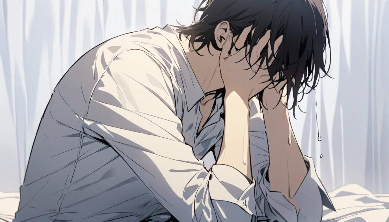 Man, fluid dripping from upper body, dark hair, hair covering eyes, handsome, alone, stays for a moment, full body, women's shirt, plain white room