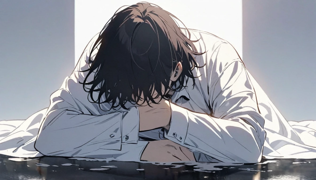 Man, fluid dripping from upper body, dark hair, hair covering eyes, handsome, alone, stays for a moment, full body, women's shirt, plain white room