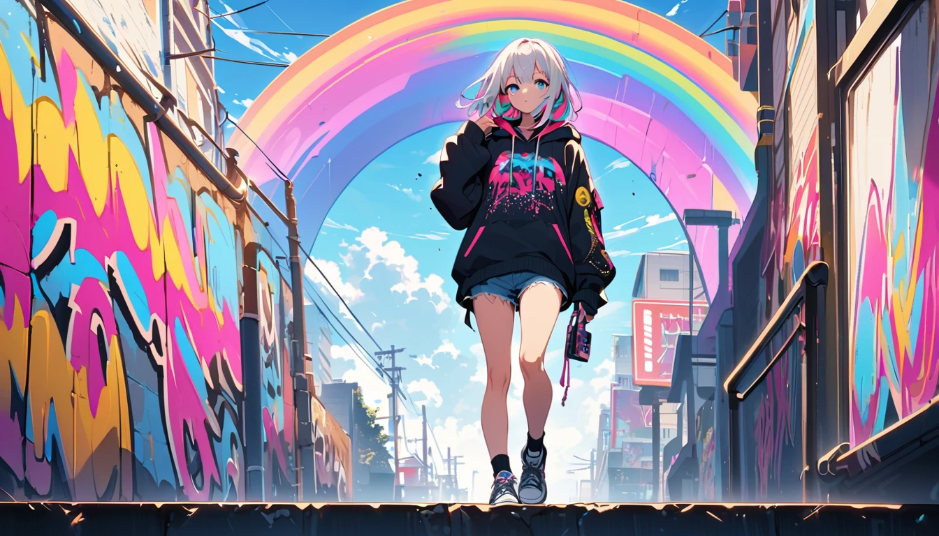 HD 8k Handsome sexy-cute, Solitary, 1 HD-8k Human focus, female, looking away Medium Length Hair, white hair, Rainbow hair, blue Eyes, Rainbow headphone, hoodie, colored hoodie, denim shorts, sneakers, outdoor, blue sky, White clouds, graffiti Popularity spray art wall, background is NEON Tokyo, “holding a cassette tape in the right hand"