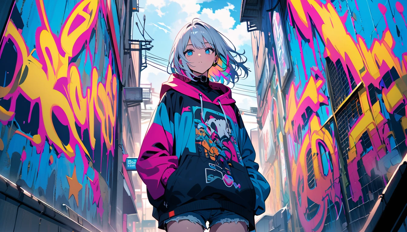 HD 8k Handsome sexy-cute, Solitary, 1 HD-8k Human focus, female, looking away Medium Length Hair, white hair, Rainbow hair, blue Eyes, Rainbow headphone, hoodie, colored hoodie, denim shorts, sneakers, outdoor, blue sky, White clouds, graffiti Popularity spray art wall, background is NEON Tokyo, “holding a cassette tape in the right hand"