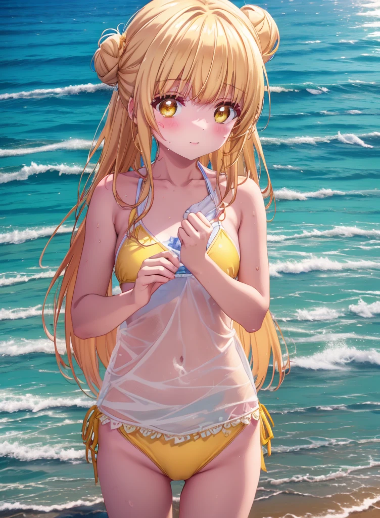 mahirushiina, Mahiru Shiina, Long Hair, bangs, Blonde, Brown Hair, (Yellow Eyes:1.3), smile,blush,Hair Bun, double  Hair Bun,Yellow bikini swimsuit,barefoot,Water Play,Ocean,Sandy Beach,whole bodyがイラストに入るように,Wet Hair,Wet Skin,Wet swimsuit,
break outdoors, Beach,
break looking at viewer, whole body,(Cowboy Shot:1. 5)
break (masterpiece:1.2), Highest quality, High resolution, unity 8k wallpaper, (figure:0.8), (Beautiful attention to detail:1.6), Highly detailed face, Perfect lighting, Highly detailed CG, (Perfect hands, Perfect Anatomy),