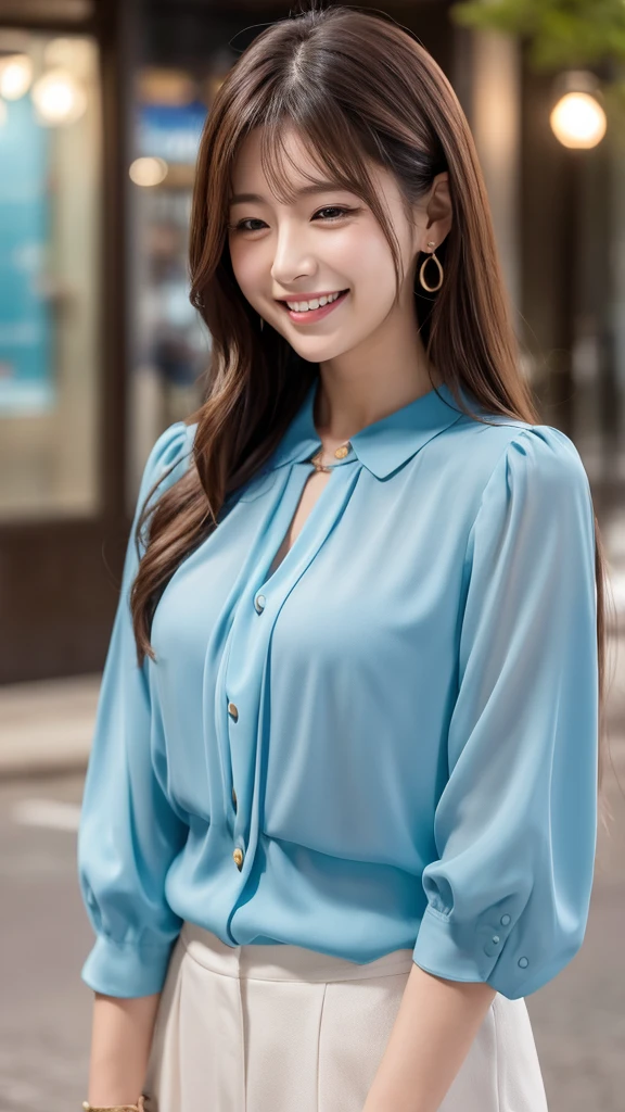 woman cute blouse Upper Body Night Park 手で☓と書く Shy laugh