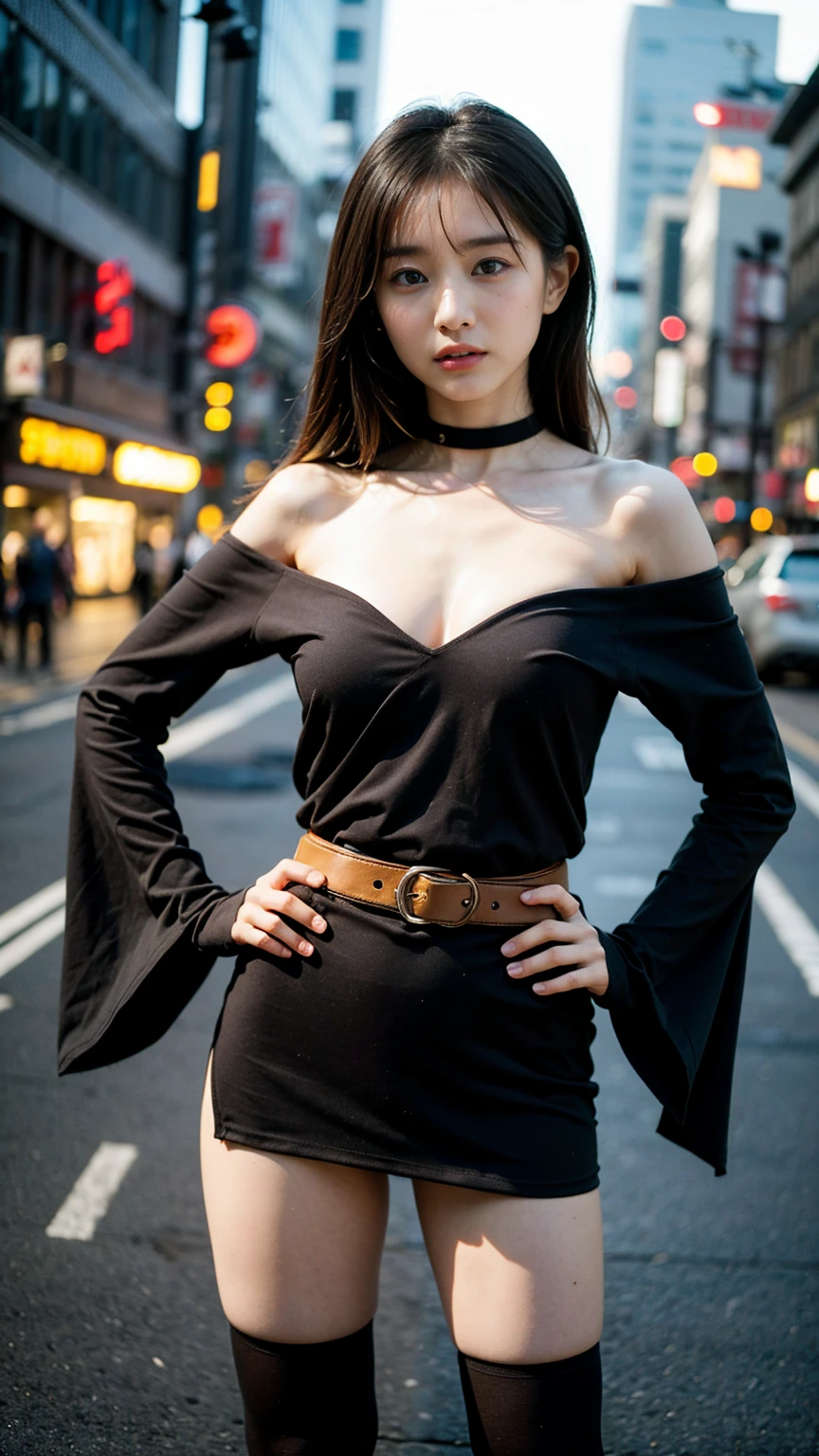 (8k、RAW Photos、Highest quality、masterpiece:1.2)、(Highest quality、Realistic)、1 Girl、((ガーターbelt、Off the shoulder、Japanese clothing、Arm Covers、Ninja costume、mini skirt、black、tights、Belly button、Gloves、belt、ribbon、See-through、Thin legs、whole body、boots、City of night、View from the front、Looking into the camera、Stand with hands on hips))、cute