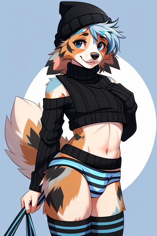 ((SFW)) ((18, cute, furry, Australian Shepherd dog boy femboy wearing blue thin, low panties with a bulge, black beanie, blue and black striped croptop sweater with tops of shoulders exposed, and black and blue striped thigh-high socks, best quality)) ((pulling down panties)) ((exposed hips)) 