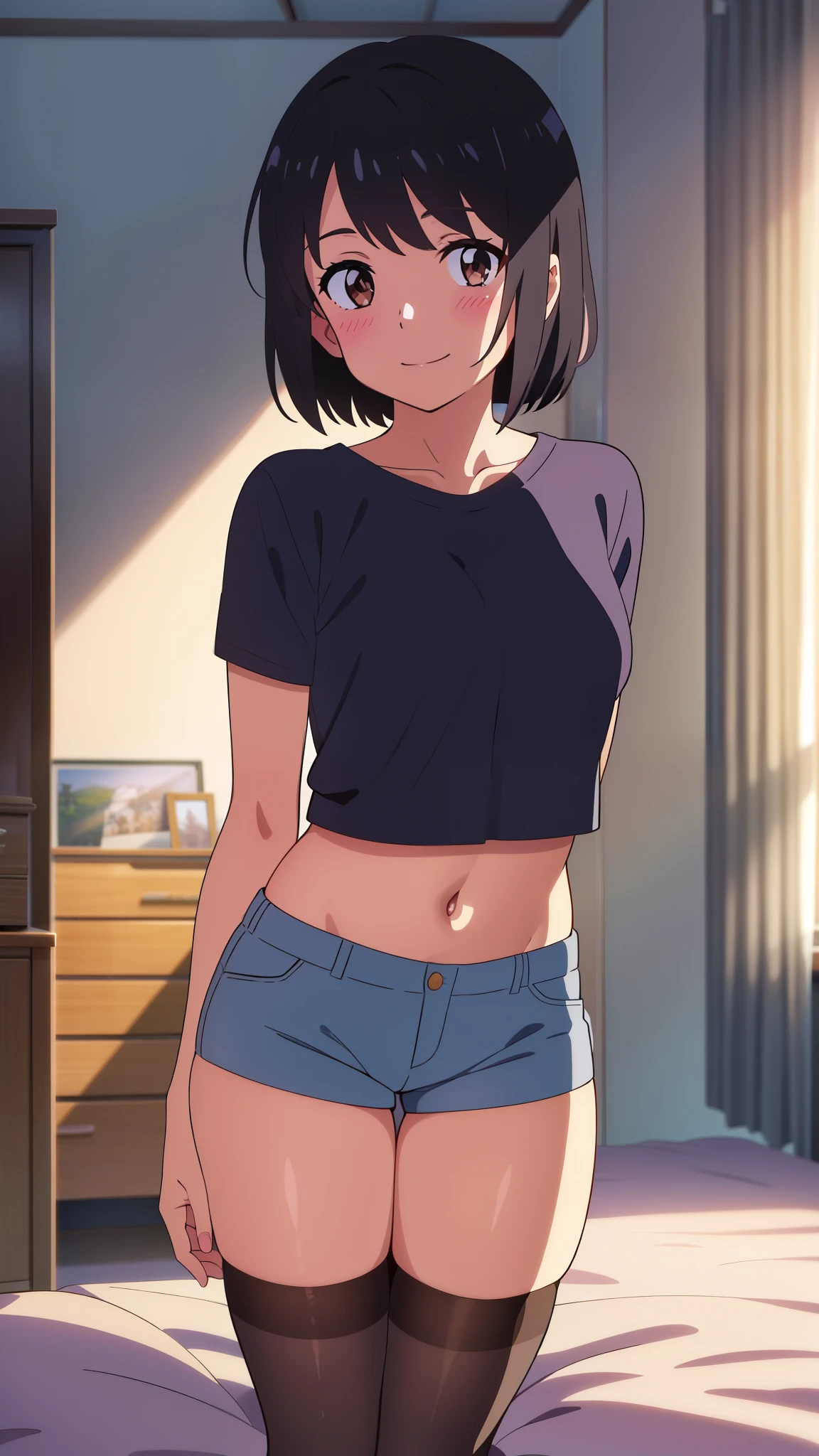 shinkai makoto, kimi no na wa., 1girl, bangs, black hair, blush, brown eyes, looking at the viewer, white crop top, blue shorts, exposed navel, bare shoulders, short hair, solo, indoors, bedroom, shinny skin, smile, cute, black thighhighs, (masterpiece, best quality)