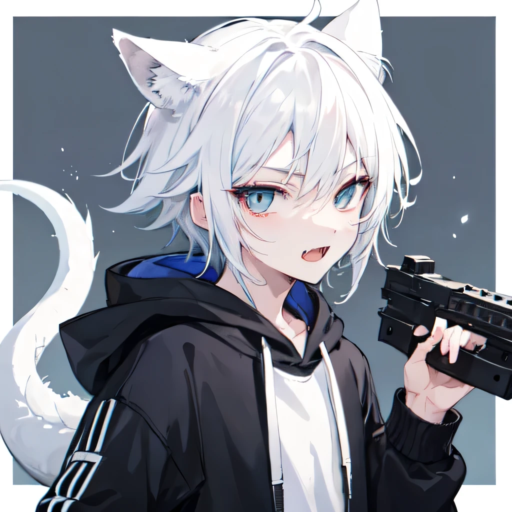 1Boy, Boyish, Catboy, Fangs Showing, Ultra-detailed Ice-colored Dragon Eyes, Eye-focus, Snow-White Hair, Head Shot, Cute Expression, Tight Hoodie, 2 gun, Plain Background