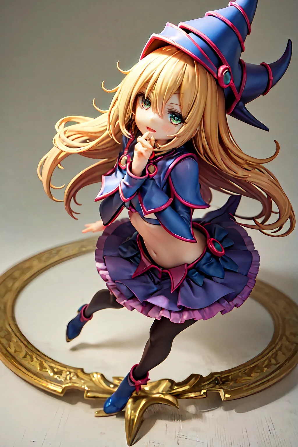 3D, CGI, Anime,  Girl, Witch, short rose red bangs, rose eyepatch covering right eye, dark purple witch hat with red strap and rose, red eyes, dark purple dress, long sleeved, brown leggings, green and red heels, brown and gold fingerless gloves, chibi, closed mouth smile, 1Girl, puffy skirt, lazy eyes, dynamic pose, Marisa, white background