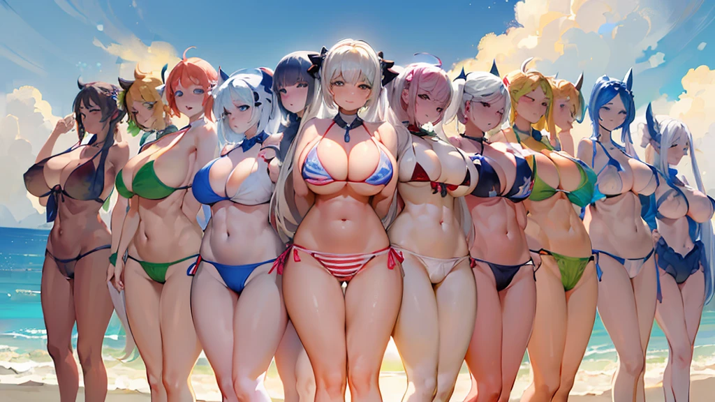 (Masterpiece), Best Quality, (Colorful), (10 girls, Group photo:1.4), Beautiful body, (Upper body)), (Slim body:1.2), (Huge:1.6),(Huge breasts:1.4), (Big:1.8), (Long:1.8),(Saggy:1.8), (White skin:1.1), Blonde hair, Silver hair, Twin tails, Braids, Forehead, (Slouched:1.4), (grinning:1.1),(hands behind back), (stars and stripes bikini, micro bikini:1.1), cowboy shot, (bedroom:1.1),
