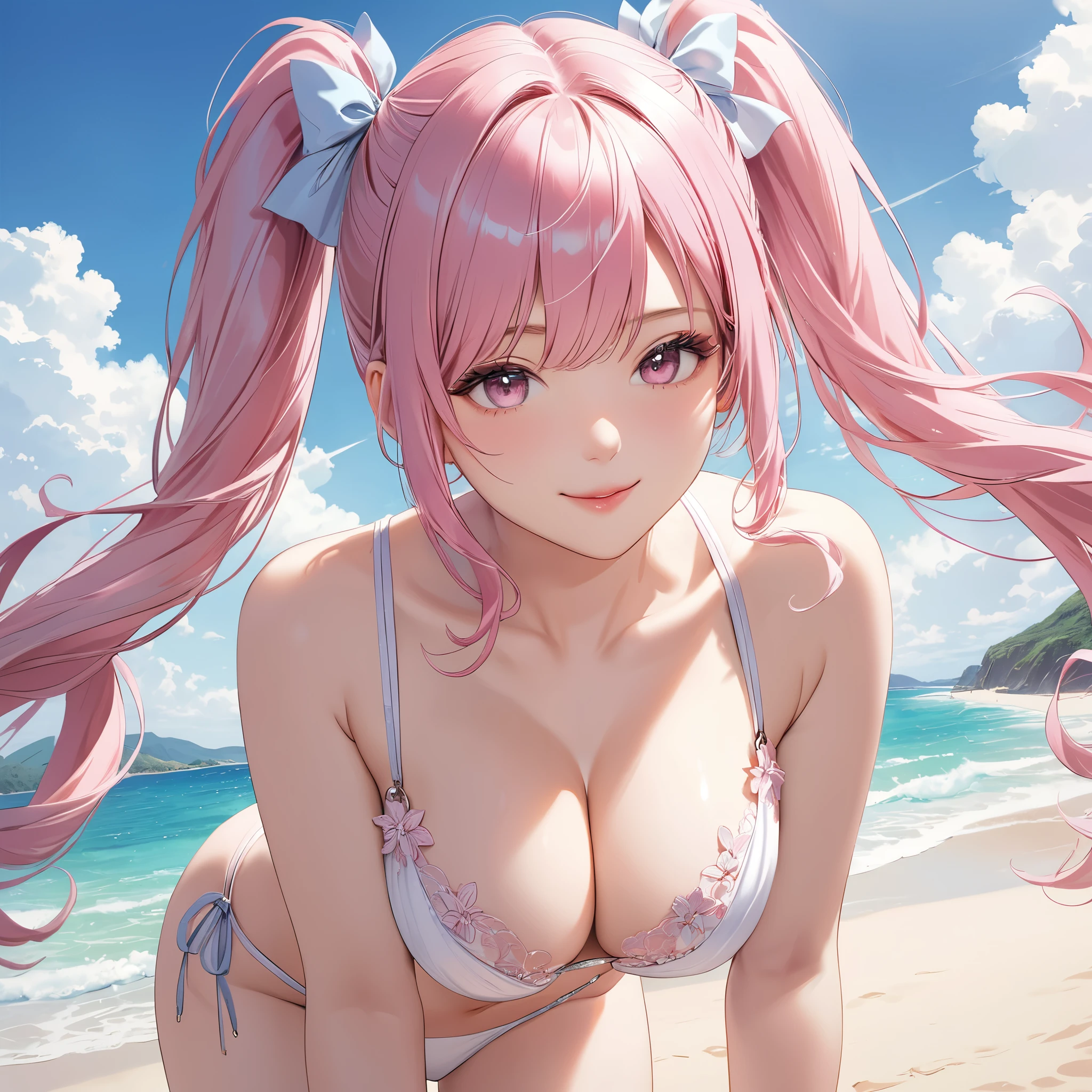 (8K, masutepiece, Best Quality, Official art, beautiful detailed, beautiful lighting, intricate line sketch, best masterpiece in history that exceeds limits), (1 Girl, Solo), (), (Beautiful detailed face), (shiny white skin), (Beautiful big bust, cleavage, bare thighs:1.3), (Beautiful detailed pastel pink twin tails hair, Bangs:1.3), (beautiful detailed drooping pink eyes:1.5), break, (Beautiful detailed cute white bikini, side-tie_bikini_bottom, pink frill, ruffle, ribbon:1.3), (happy smile:1.2), (happy, Attractive, Look at the camera, cute pose), breathtaking scenery, (ultra detailed realistic beautiful sea, beach, sky, two straws in tropical fruits juice:1.3),