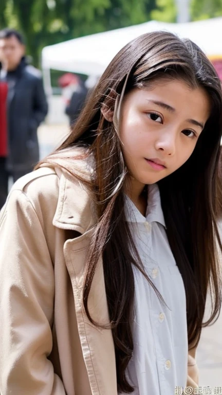 14 year old girl with long hair, Pee in public, I can't stand it anymore, Horny Face, Face enduring pain, Acting like you care about others、Completely naked、trench coat