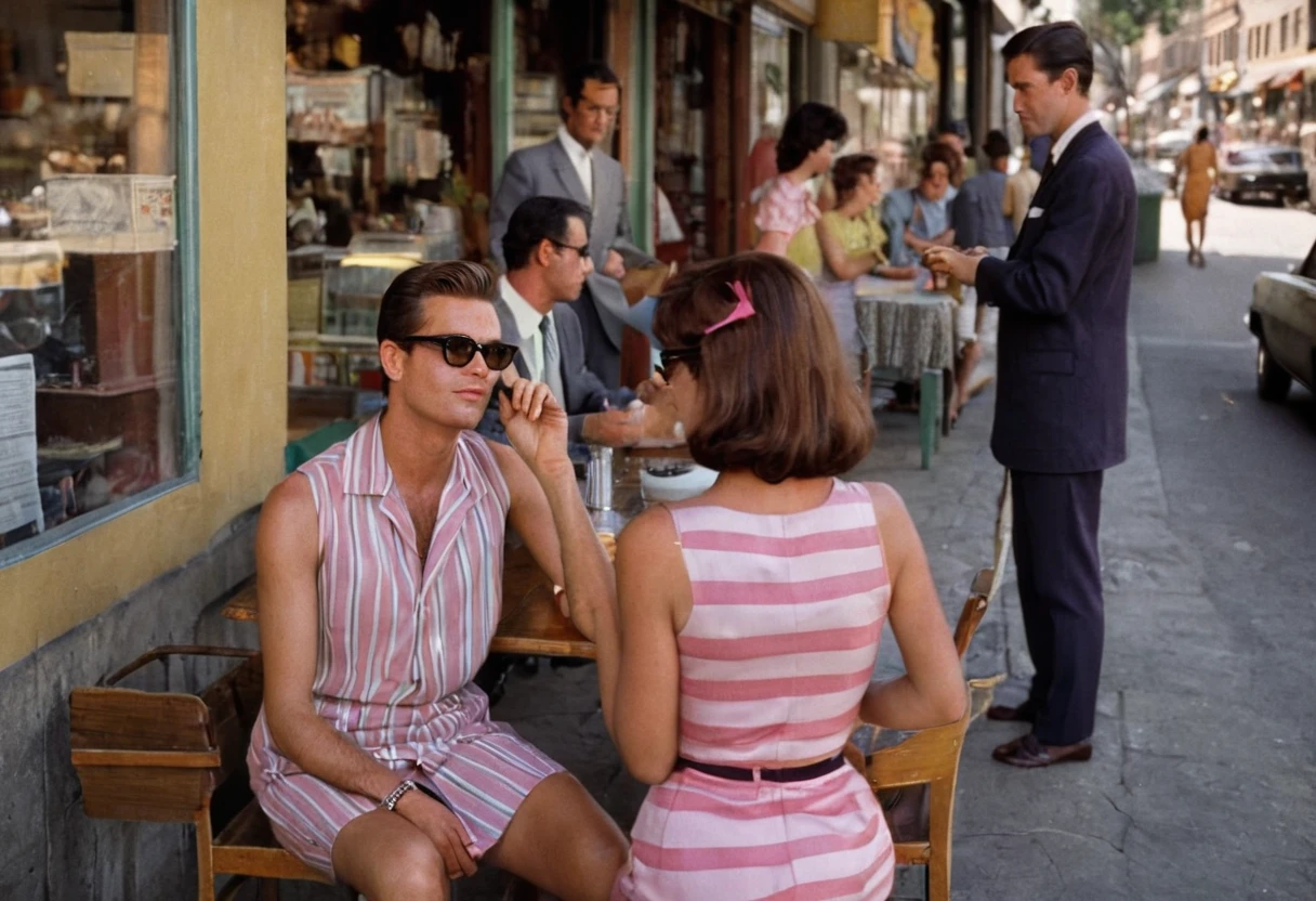 Nostalgic photo of 1960s. Photo of a bustling urban street scene with four individuals in the foreground. The first individual on the left is a male wearing a dark suit with a light-colored shirt, and his hair is short, standing, facing to the right. Next to him is a female with long, straight red hair, wearing an vibrant retro colors striped sleeveless dress that reaches mid-thigh with a sunglasses, she is looking at the man. The third figure is another female seated at an outdoor café table, facing the man, dressed in light pink attire consisting of a buttoned-up suit and trousers; she dons a purple hat with dark hair. The fourth figure is also female, sitting and facing away from the camera, she is looking at the man, sporting sleeveless dress with horizontal stripes in shades of yellow and brown that also reaches mid-thigh. They are all on a sidewalk by shops with visible signage such as “MARKS SHOP” in the background. There’s also part of a motorcycle visible on the left side of the frame. The lighting suggests daylight conditions with natural sunlight casting soft shadows on the figures and surroundings of 1969s. The camera angle is at eye level capturing this candid moment from medium distance.