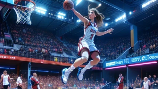top quality, future world, State-of-the-art robot, Beautiful Woman flying hair, Transformed into a cyborg except for the face, y images, whole body photo, ((basketball match, dunk, woman jump high in the air and she push the basketball into the basket))