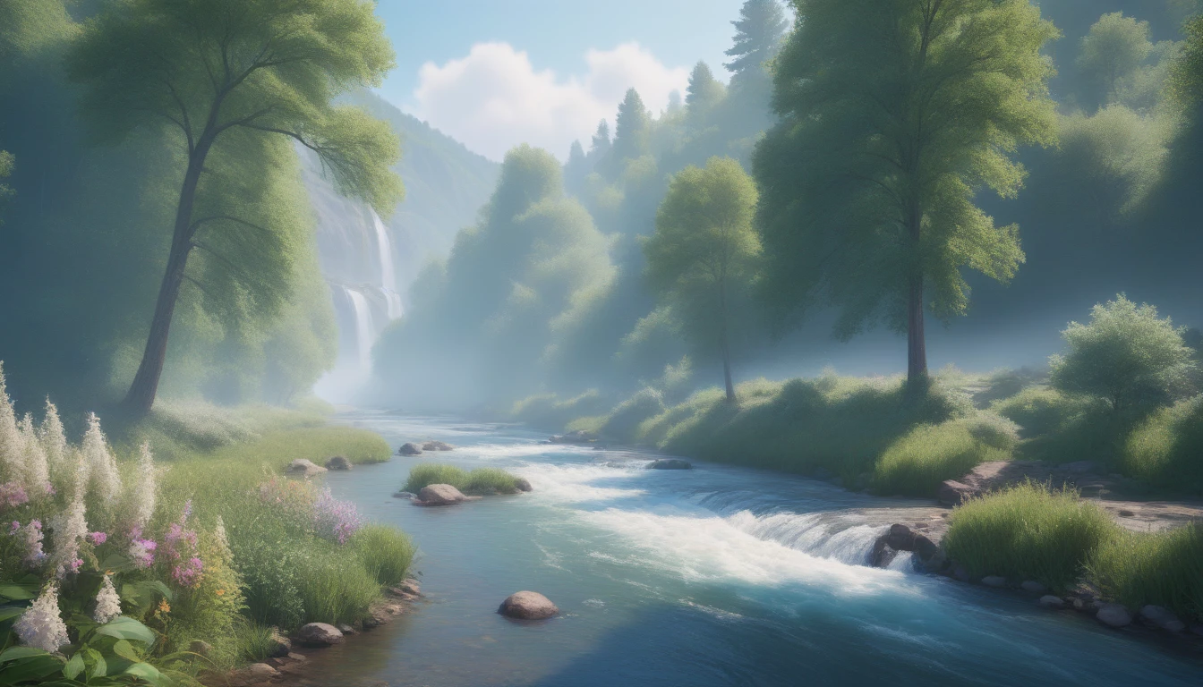 Analog style,ChromaV5,nvinkpunk,(extremely detailed CG unity 8k wallpaper),An image of a majestic river, trees on the sides, tiny waterfall, intense fog ,award winning photography, Chromatic Aberration, Detailed , HDR, Bloom, style by Monet, Pissarro, and Sisley ,trending on ArtStation, trending on CGSociety, art by midjourney