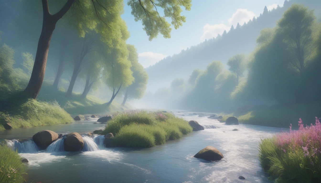 Analog style,ChromaV5,nvinkpunk,(extremely detailed CG unity 8k wallpaper),An image of a majestic river, trees on the sides, tiny waterfall, intense fog ,award winning photography, Chromatic Aberration, Detailed , HDR, Bloom, style by Monet, Pissarro, and Sisley ,trending on ArtStation, trending on CGSociety, art by midjourney