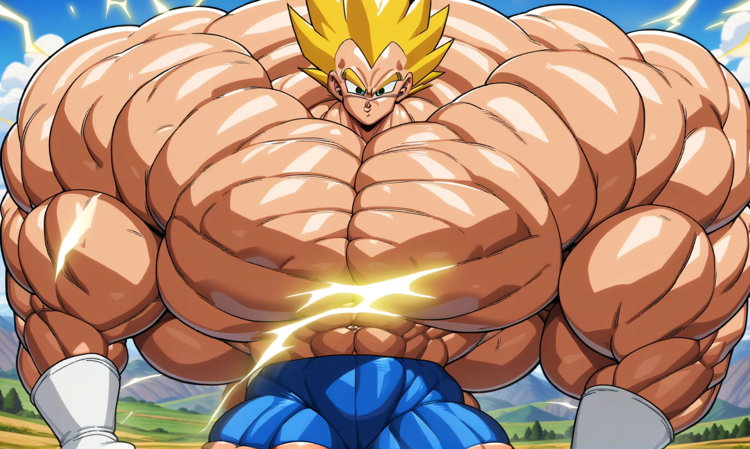 1boy, Vegeta, from Dragon Ball Z, masterpiece, best quality, very aesthetic, absurdres, saiyan, green eyes, spiked hair, (yellow hair:2), shirtless, blue skintight pants, white gloves, (huge muscles:3.7), (thick thighs:3.5), dragonballartstyle, in the style of Akira Toriyama, outdoors, flat-top mountains, nipples, abs, yellow aura, electricity
