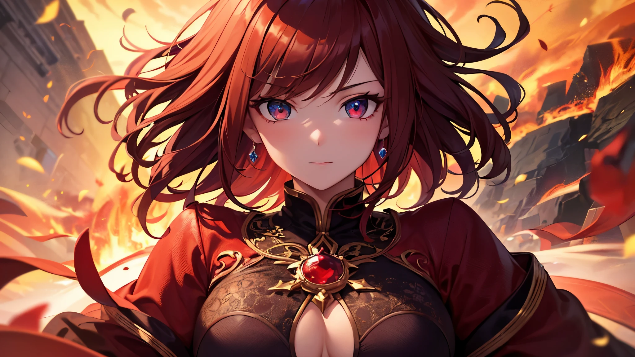 Highest quality, 8k, 4K, High resolution, High Contrast,1girl,only,Beautiful Hair, Crimson shorthair,(Beautifully detailed face), Clear Eyes, beautiful eyes, Slanted Eyes, Confident expression, 20generation, Beautiful breasts, Wearing a Garnet, god々New Fire Magic, Based on red, gem, Precise landscape, battlefield