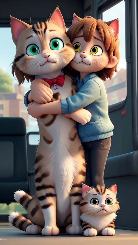 The broken bus is shown.The cat is crying, hugging its kitten, looking sad.