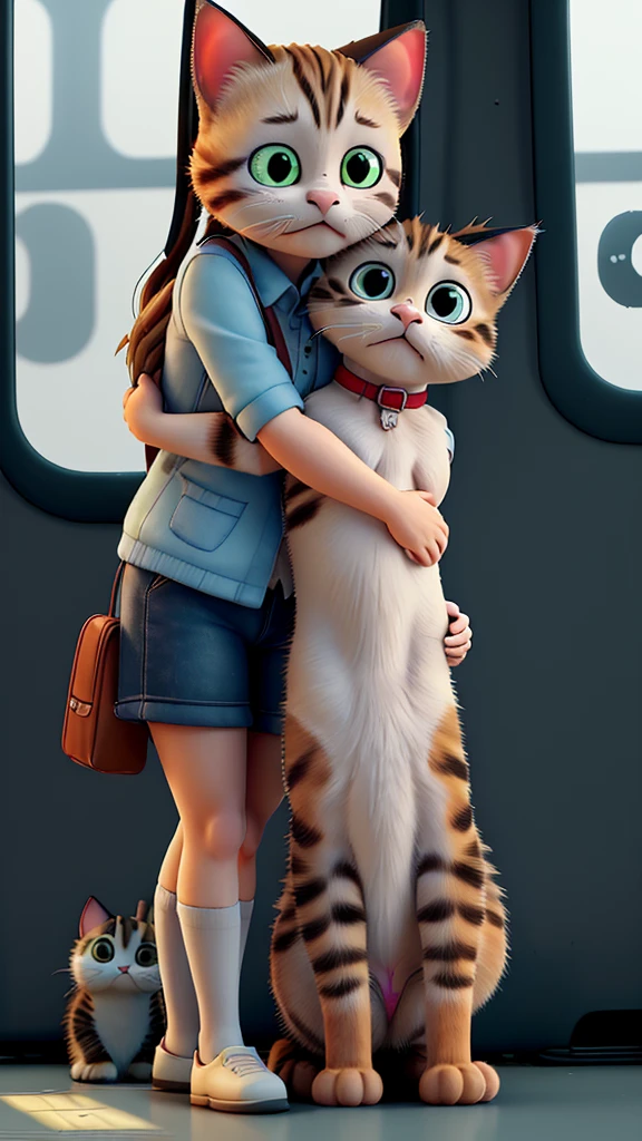The broken bus is shown.The cat is crying, hugging its kitten, looking sad.