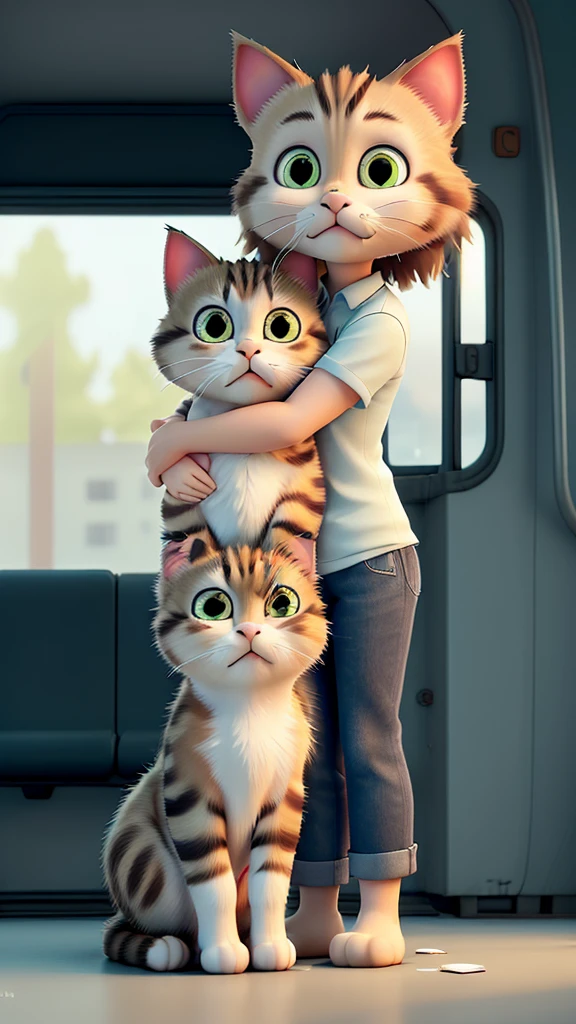 The broken bus is shown.The cat is crying, hugging its kitten, looking sad.