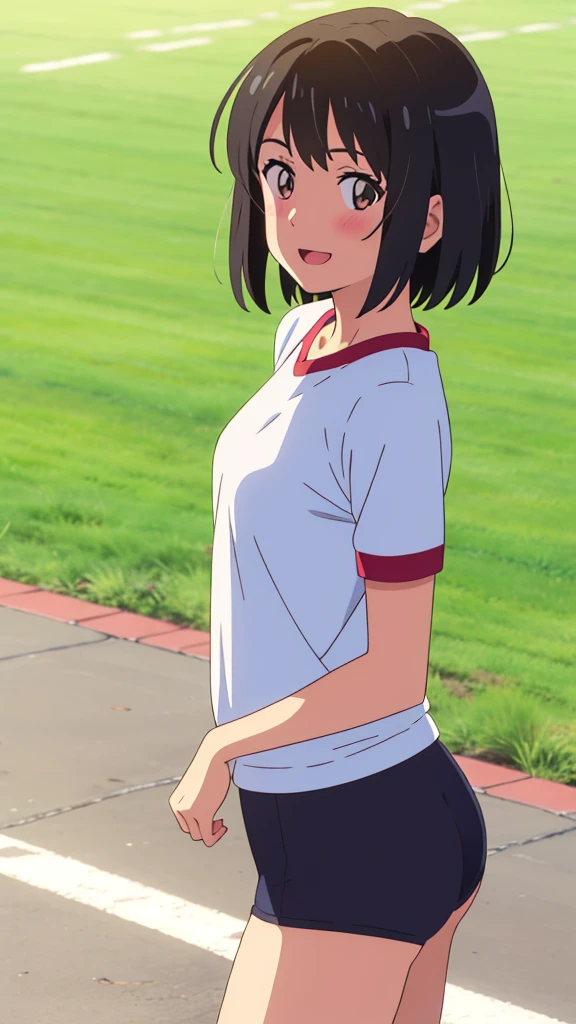 shinkai makoto, kimi no na wa., 1girl, bangs, black hair, blush, bright eyes, brown eyes, looking at the viewer, gym uniform, red buruma, short hair, solo, outdoors, (ground:1.2), shinny skin, smile, cute, open mouth, cowboy shot, (masterpiece, best quality)
