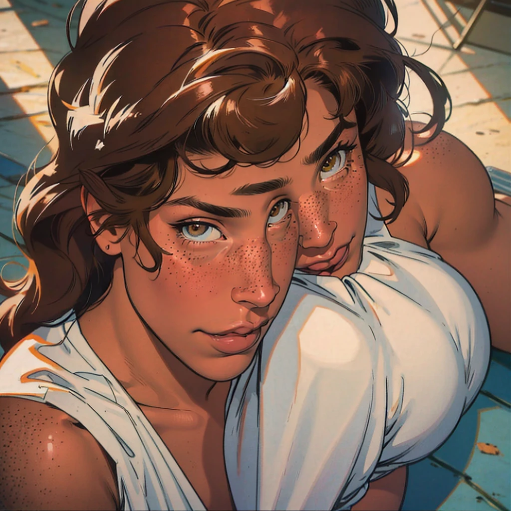 Beautiful thick mulatto woman, Full_body, dressed as a nightgown model, voluptuous, (highly detailed face:1.5), large_breast, ample hips, insanely detailed accentuated big booty, greatly feminine proportioned, great aesthetics, ((highly detailed skin1:.2)), (freckles:1.2), (blemishes:1.0), (((brown hair))), 8k uhd, dslr, soft lighting, highest quality, film grain