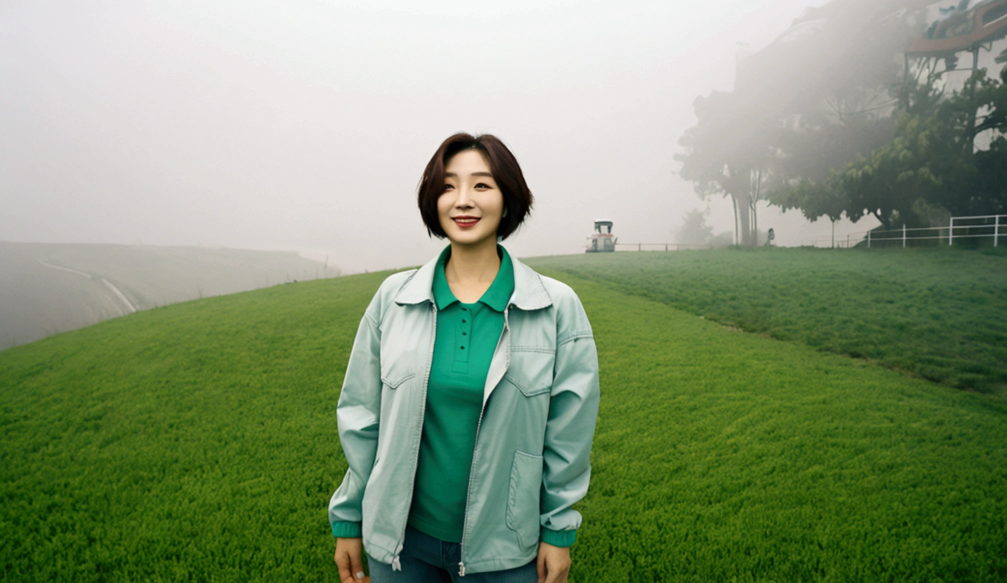 high quality, 1 woman, ((36-year-old healthy Korean woman)), ((36 years old)), 1 woman, eyes are big and beautiful. ((slim)), ((short medium hair)), Smile. pose: standing, gray and light green luxury brand windbreaker jacket, background: 1 woman, California, USA, pasture, Cow, A green meadow can be seen in the distance through the early morning fog.. Full body shot with 16-34 wide angle lens, looking up the side
