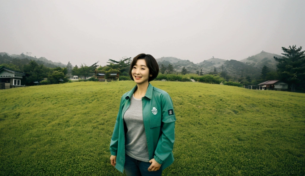 high quality, 1 woman, ((36-year-old healthy Korean woman)), ((36 years old)), 1 woman, eyes are big and beautiful. ((slim)), ((short medium hair)), Smile. pose: standing, gray and light green luxury brand windbreaker jacket, background: 1 woman, California, USA, pasture, Cow, A green meadow can be seen in the distance through the early morning fog.. Full body shot with 16-34 wide angle lens, looking up the side