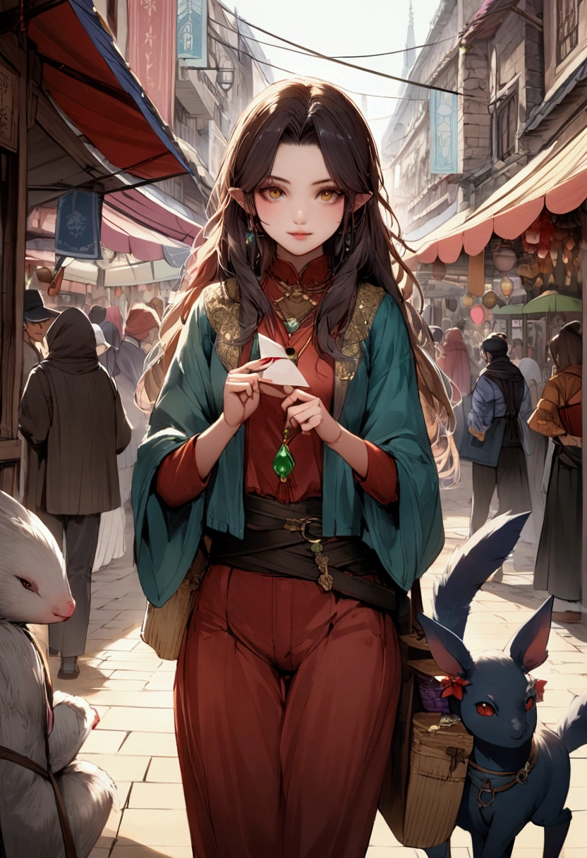 background: A bustling market in the Magic City, Creatures of various shapes and sizes object mysterious artifacts々Where to replace.
letter: Mischievous, Quick finger thief (By Keira) In the mysterious air, Steal powerful amulets from vendors' stalls.{Realistic}