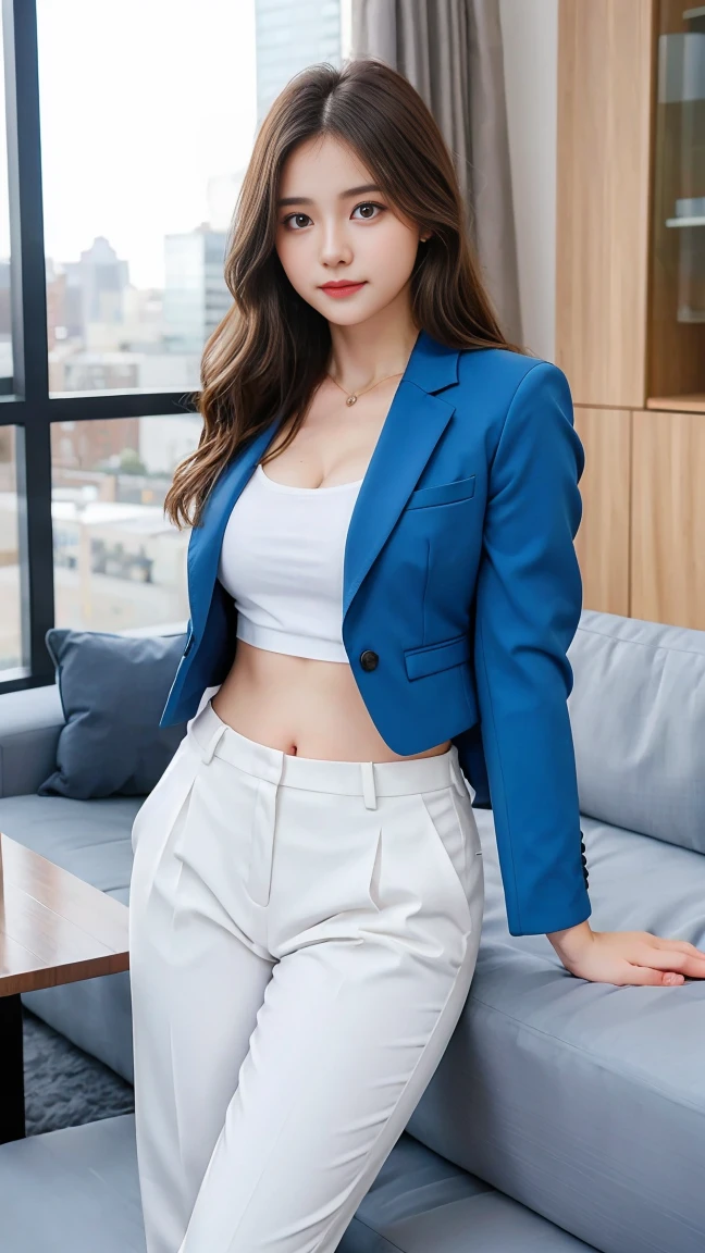 Gorgeus Girl, Beautiful, Baby Face, 20 Years Old, White Skin, Beside, Sexy Pose, business suits, Blue Eye, Muscles, Bokeh, Modern living room Background, Masterpiece, Fullbody Shot, woman trousers, blazers