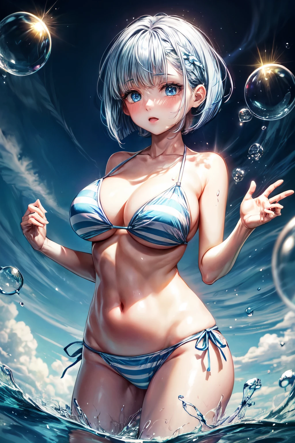 {worst quality, low quality}, ((girl photo)), solo, big breasts, clear eyes and plump lips, beautiful light blue eyes ):1.2), Spoken heart, Praying hands, (Perfect hands: 1.3), (Light blue hair, short bob: 1.5), (Blue and white striped bikini), (((big bubbles floating around her))), open your hands and look at the bubbles, the bubbles are bright blue and release a cloud of bubbles, bubbles looks like water, cute pose, detailed, masterpiece,