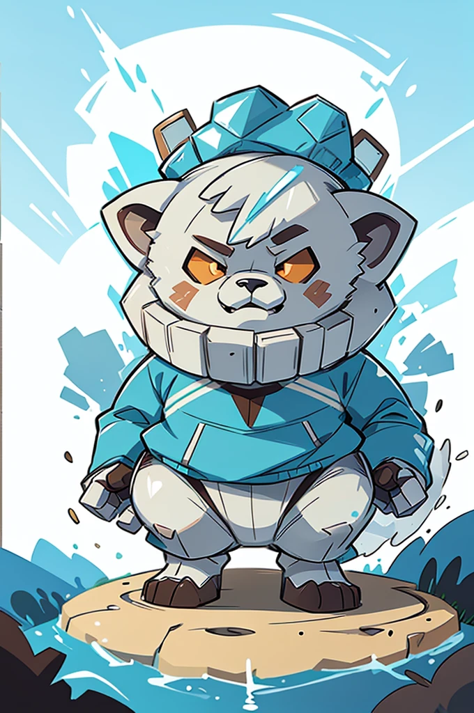 Polar bear dressed as a mecha robot, chibi, fighting stand, ice frozen elemental, background iceberg, stunning style.