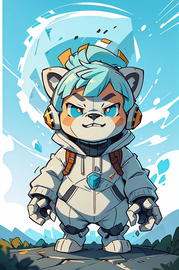 Polar bear dressed as a mecha robot, chibi, fighting stand, ice frozen elemental, background iceberg, stunning style.