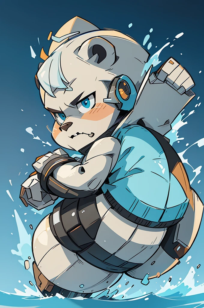 Polar bear dressed as a mecha robot, chibi, fighting stand, ice frozen elemental, background iceberg, stunning style.