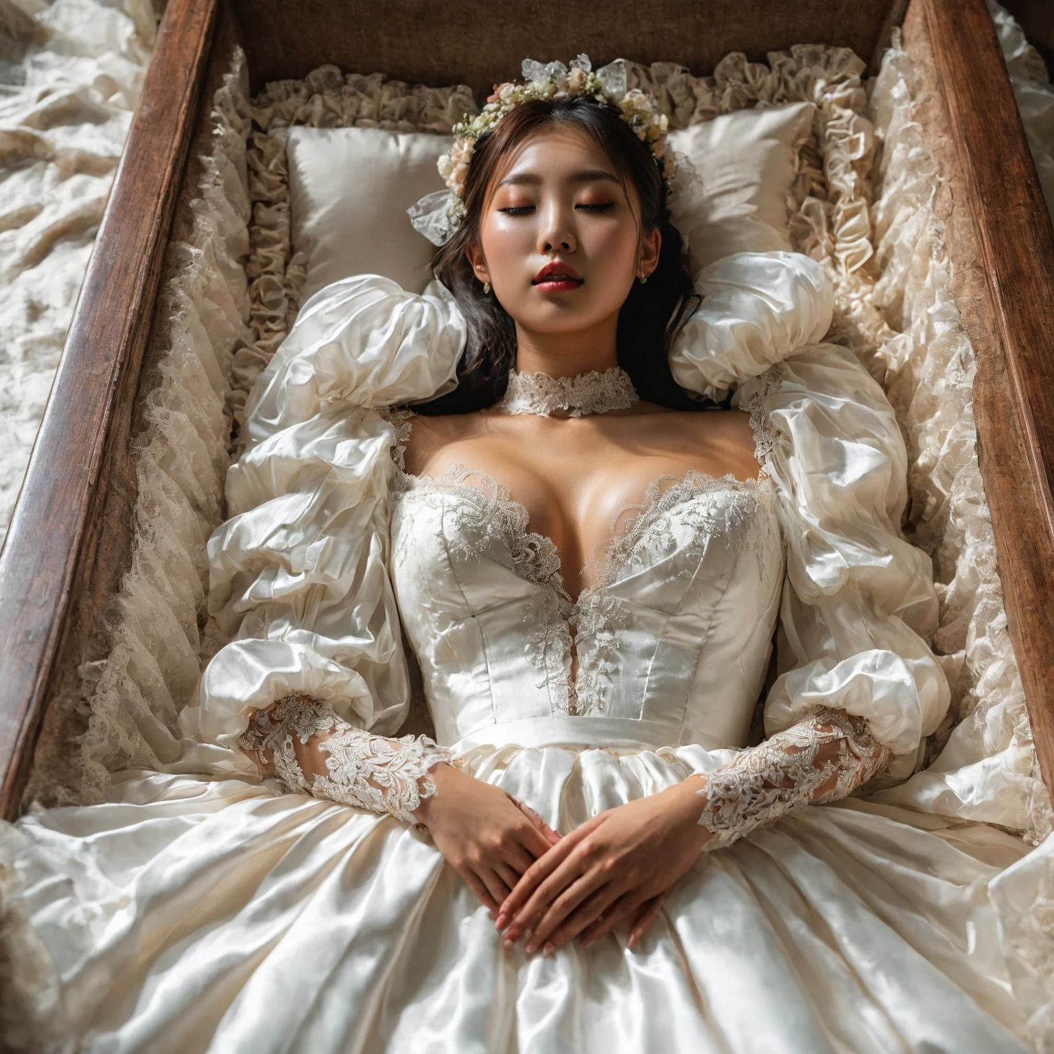 A provocative and sensual image unfolds before us. Two Korean girls, 22 years old, lie asleep in a deep, black coffin surrounded by plush pillows. They wear see-through wedding dresses with lace details, off-shoulder designs, sleeve, and huge skirts that cascade around their bodies. The dresses are cut low to showcase their beautiful breasts, fixed with a subtle cleavage cutout. Their faces are flawless, with perfect eyebrows, eyelashes, and skin tone. One girl's hair is styled in a ponytail with bangs framing her face, while the other has a bun adorned with wisps of hair framing her closed eyes. The overall atmosphere is one of intimacy and sensuality, with saturated colors enhancing the mood. Note the visible breasts and perfectly manicured hands that peek out from beneath the skirts, which are strategically covered to conceal their legs, ba11g0wn
