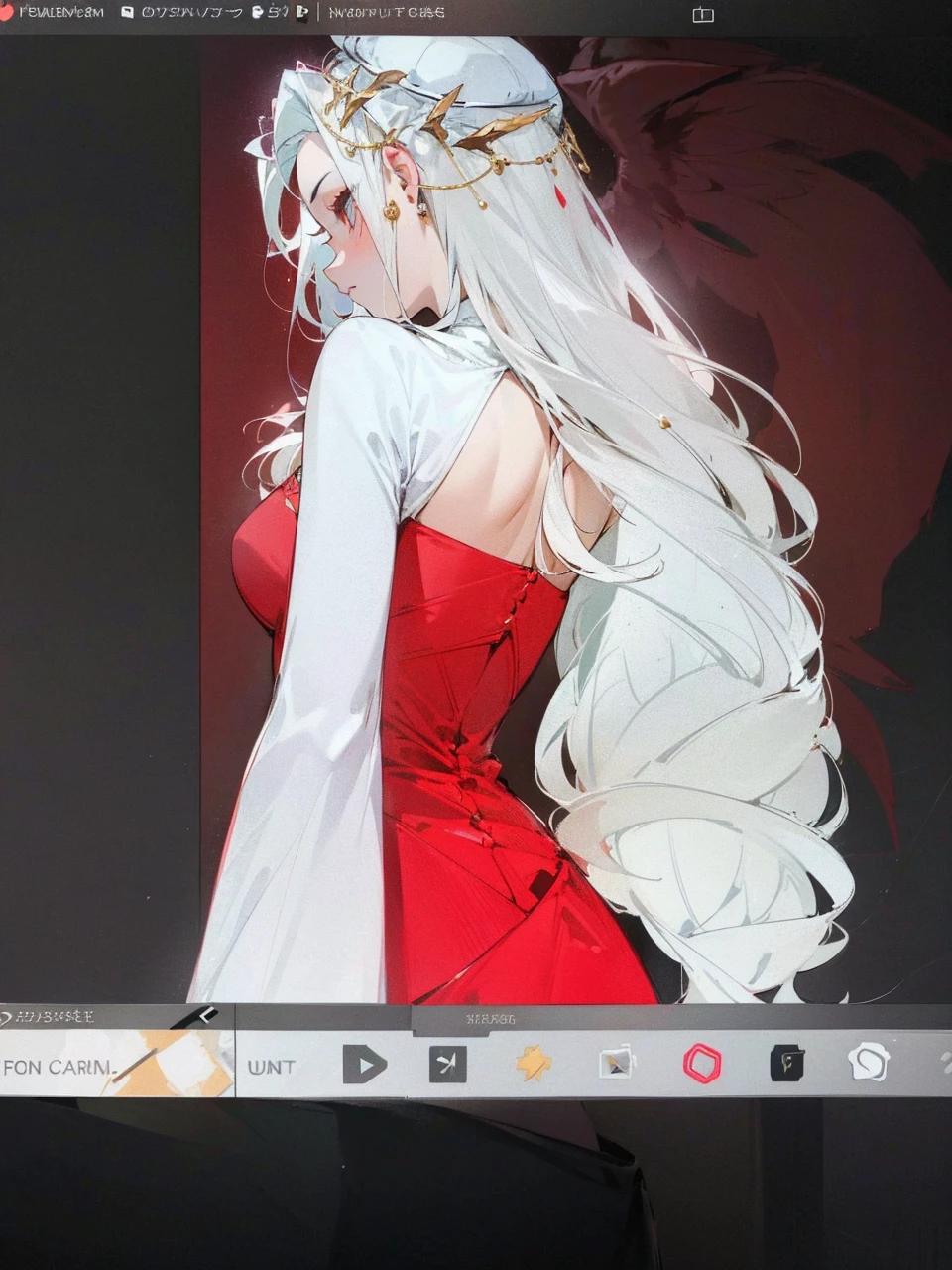 Add in roses to her dress, a good back dress design with some golden jewelry, make her dress into a red and white gown with a hat, give her some unique Jewelry, and make her look somewhat of a demonic angel like appearance to her