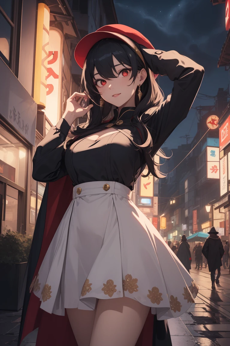 bbyorf, short hair with long locks, white hairband, ((red eyes:1.5)), gold earrings,
BREAK (long sleeves, hat, dress, cape, tiara, crown, purple cape, white dress, long sleeves:1.2),
BREAK (Night:1.7), Japan, cyberpunk, CityView, Before Window, Standing at attention,armpits,arm up, expressive eyes,seductive smile, looking at viewer, NSFW,(Full_body),
BREAK (masterpiece:1.2), best quality, high resolution,NSW ,unity 8k wallpaper, (illustration:0.8), (beautiful detailed eyes:1.6), extremely detailed face, perfect lighting, extremely detailed CG, (perfect hands, perfect anatomy),