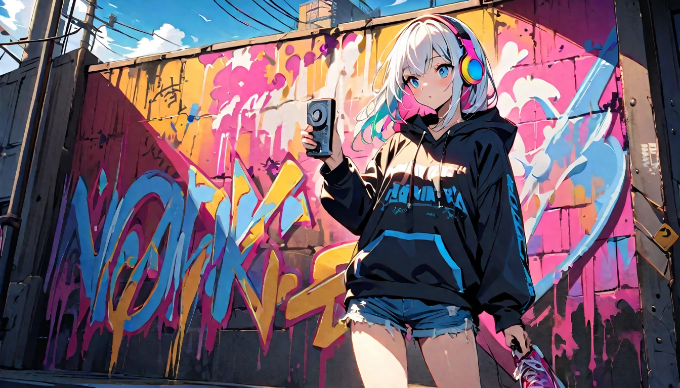 HD 8k Handsome sexy-cute, Solitary, 9:16 1 HD-8k Human focus, female, looking away Medium Length Hair, white hair, Rainbow hair, blue Eyes, Rainbow headphone, hoodie, colored hoodie, denim shorts, sneakers, outdoor, blue sky, White clouds, graffiti Popularity spray art wall, background is NEON Tokyo, “holding a cassette tape in the right hand"