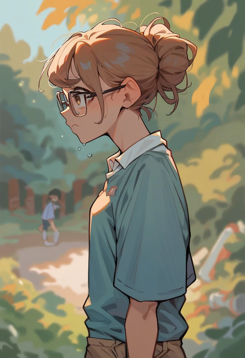 1girl, european girl, long light-brown hair, cute face, embarrassment, outdoor clothes, glasses, standing, school camp, school, source_anime, deatiling panting, brown eyes, detailing body, side view