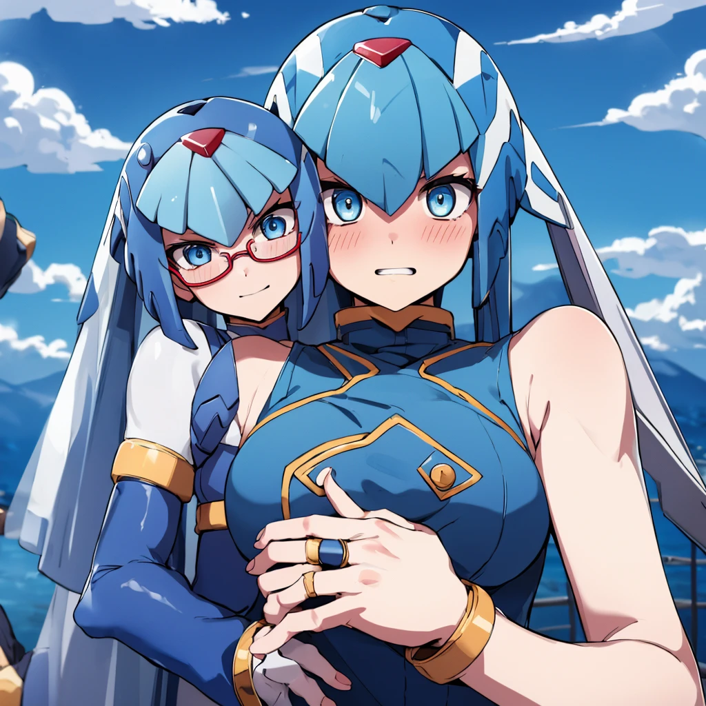 Leviathan_Megamanz, 1 Girl ,Looking at the viewer , blue hair, Blue eyes,Clouds background , Blushed, Wedding ring, Glasses ,Shark teeth, showing teeth 