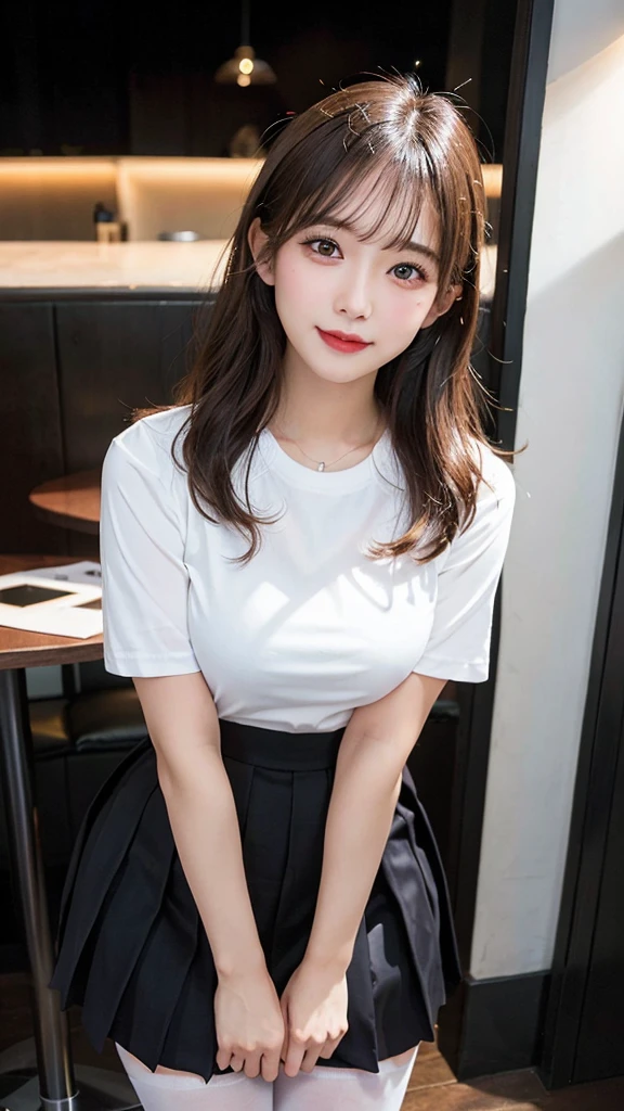 (RAW Photos: 1.2), Highest quality, Beautiful detailed girl, Bunny girl, smile, Highly detailed eyes and face, Beautiful attention to detail, Large file size, High resolution, High resolution, 8k wallpaper, The finer details, highly detailed ticker uniform 8k wallpaper, Light on the face, Cinema Lighting, 16-year-old girl, Sexy pose, (Photorealism: 1.4), figure, Surrealism, From below,,Thick thighs,Large Breasts,
,shirt,Pleated skirt,  White Pantyhose,   