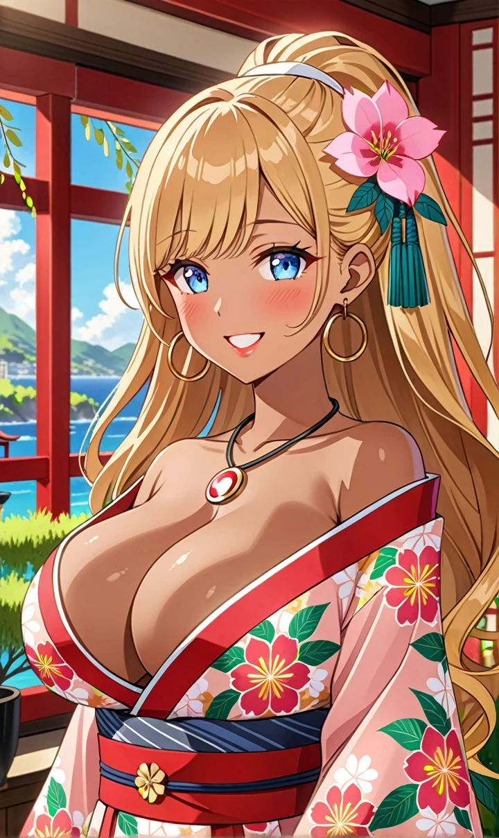 Extremely detailed, ((A girl)), (portrait), ((Bronze skin:1.2)), Soft color gyaru, (Heavy makeup), Ultra Detailed, absurd, 8K, Pretty Face, ((Smile:1.3)), ((揶揄的Smile:1.2)), ((Sweat)), ((Blink:1.5)), (mouth open and laughing),((Tilted face:1.6)), (Professional lighting), View your audience, ((Bright red cheeks:1.6)),Lustrous red lips, ((Huge breasts:1.3)), ((Undress:1.2)), , noon, summer, Luxury hotel with sea view, Foliage plant, ((Anime style background)),masterpiece, best quality, so beautiful,up-to-date, complicated details, ((Long neon pink nails)), (Nail Art), (ring),(bracelet), (Floral necklace),Artificial Intelligence Generation, complicated,high resolution, best quality, Ultra-high quality,3D Graphics、3D Graphics,one person,Long blond hair,(High Ponytail), (curls:1.3), Blonde anime woman posing for photos, ((Fine particles、blue eyes、Glowing eyes:1.3)), (Squint your eyes:1.1),a hyperPractical , hyperPractical , Practical,Anime woman with long light hair, Smooth anime CG art, Girl wearing gorgeous pastel-colored kimono, ((Light-colored furisode)),(Pink big flower pattern), (Side Breast), Long flower hair accessories,big hoop earrings, Mature body, High target,Willow Waist,((Expectations:1.3)), Front view, ((Upper Body)),