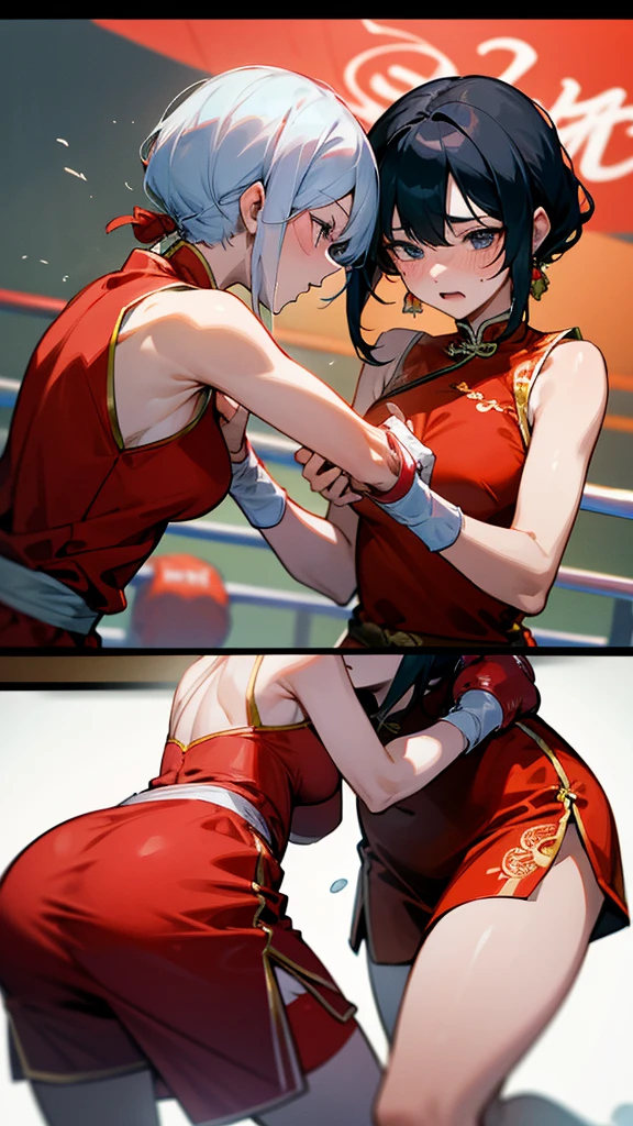 Two women wearing Chinese dresses are boxing in the ring. The woman on the right hits the woman on the left in the cheek. The woman on the left closes her right eye, opens her mouth, and sweats.